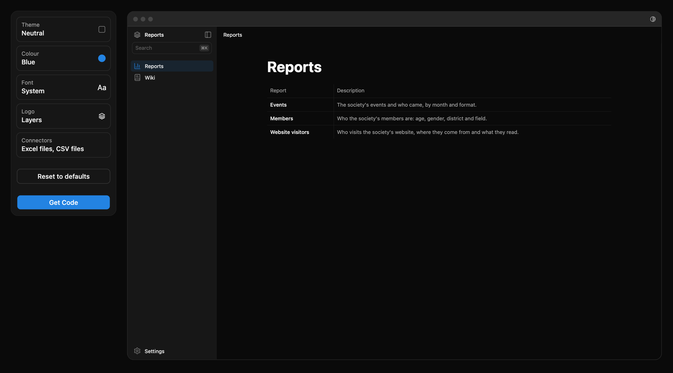 Create: the five choices on the left, and the preview of the app on the right, open on Tasks