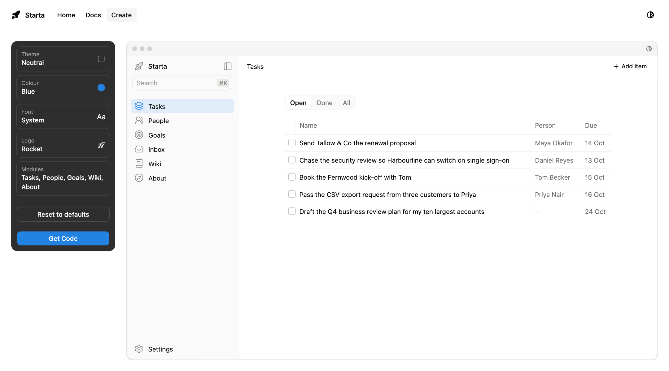 Create: the five choices on the left, and the preview of the app on the right, open on Tasks