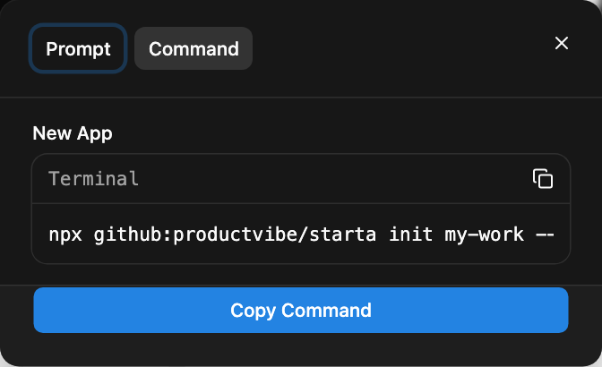 Create's Get Code dialog on the Command tab: the command that makes the app