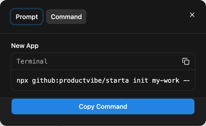 Create's Get Code dialog on the Command tab: the command that makes the app