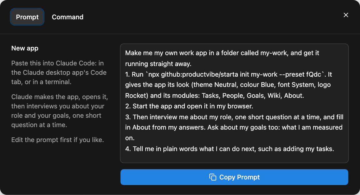 Create's Get Code dialog on the Prompt tab: the prompt to paste into Claude, and the Copy Prompt button