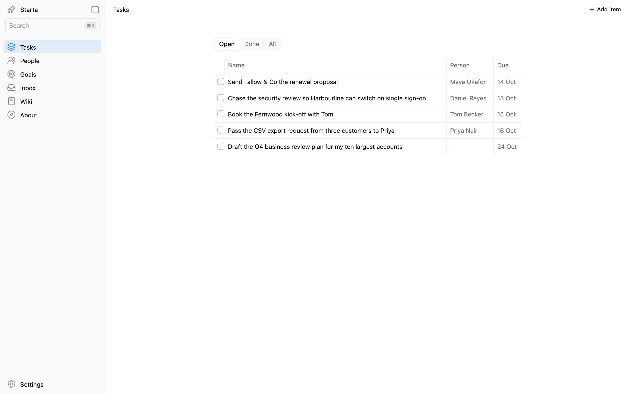 Tasks in a new app: the sidebar with Tasks, People, Goals, Wiki and About, and a list of tasks to tick off